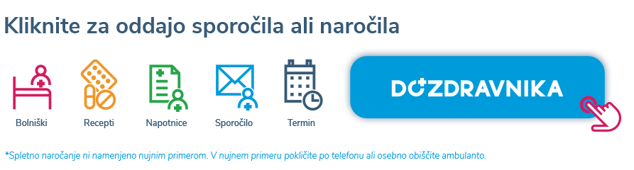 ikone za različne zdravstvene storitve: bolniški list, recepti, napotnice, sporočilo in termin. Ob strani je moder gumb z napisom "DO ZDRAVNIKA".