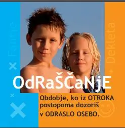 Fotografija dveh otrok z napisom 'Odraščanje – obdobje, ko iz otroka postopoma dozoriš v odraslo osebo', obarvano ozadje z oznakama 'Fantje' in 'Dekleta'.