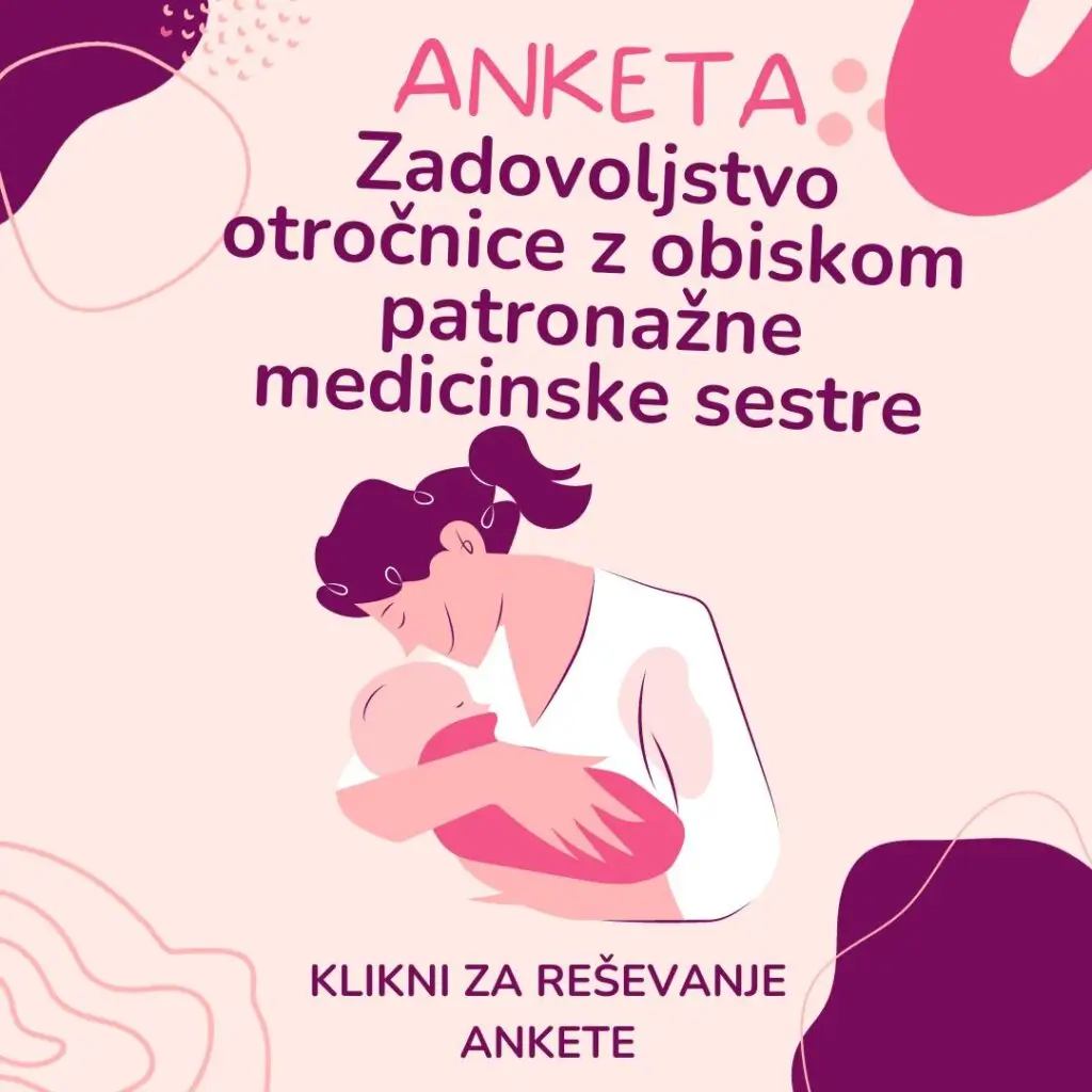 Risba matere z dojenčkom in besedilo o anketi zadovoljstva otročnic z obiskom patronažne medicinske sestre.