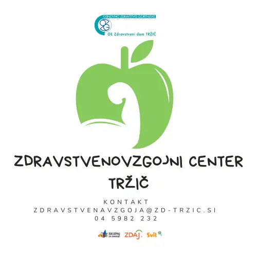 Logotip Zdravstvenovzgojnega centra Tržič z zelenim jabolkom, kontaktnimi podatki in logotipi programov Skupaj za zdravje, ZDAJ in Svit.