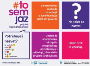 Plakat e-svetovalnice #to sem jaz za mlade, ki ponuja anonimen, hiter in brezplačen dostop do nasvetov strokovnjakov.