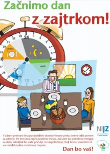 Risba družine pri zajtrku z velikim budilko-urnikom v ozadju, besedilo 'Začnimo dan z zajtrkom!' ter logotipa NIJZ in programa Zdravje v vrtcu.